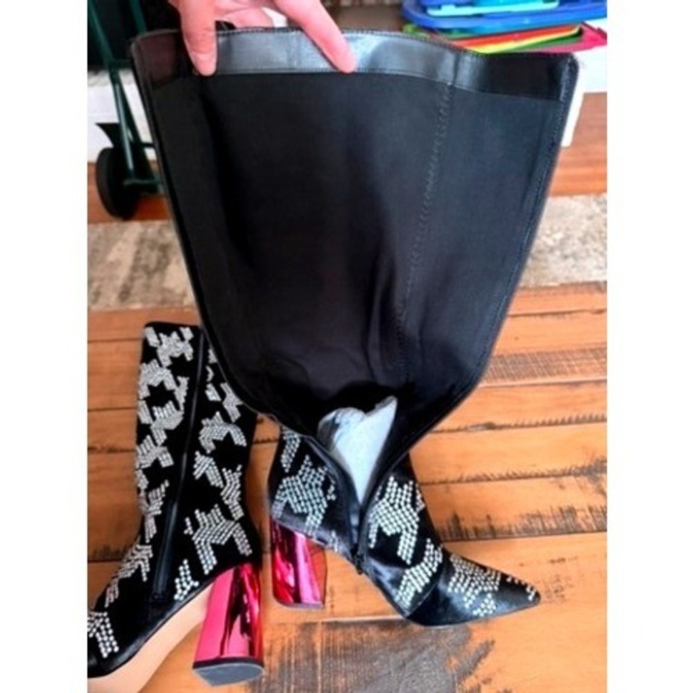 Betsey Johnson Naomy Rhinestone Houndstooth Knee High Boots‎ Black Pink NAOM01S5 - Picture 9 of 10